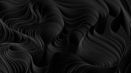 Black layers of cloth or paper warping. Abstract fabric twist. 3d render illustration - 782345615