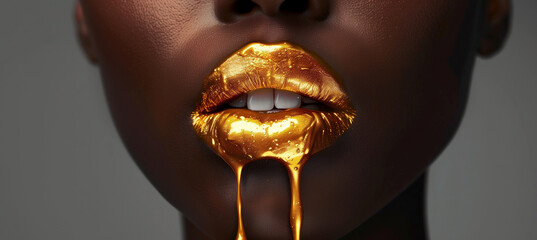 Closeup african american woman with golden lips dripping, gold paint on black face.