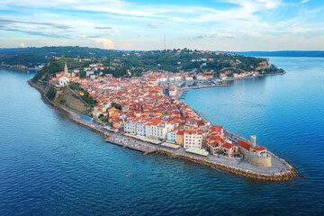 Aerial view of Piran old town, Slovenia, beautiful landmark. Scenic cityscape with medieval architecture and red tiled roofs, famous tourist resort on Adriatic seacoast, outdoor travel background - 782346297