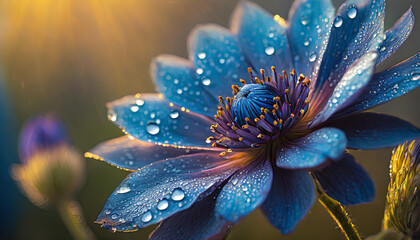 Close-up of dark blue flower with water droplets. Beautiful nature. Macro shot.