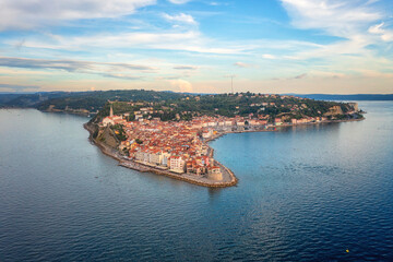 Aerial view of Piran old town, Slovenia, beautiful landmark. Scenic cityscape with medieval architecture and red tiled roofs, famous tourist resort on Adriatic seacoast, outdoor travel background - 782346433