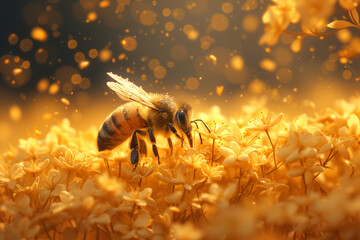 Honey bee collects pollen from flower, close up of insect, beekeeping or apiculture
- 782346809