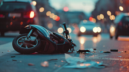  A scooter lays on the ground after being hit by a car in the middle of a city street. Road...