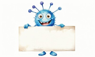 Cartoon watercolor illustration of virus character holding a sign, a kid-friendly health education concept.