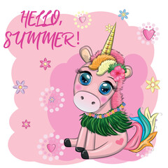 Cute cartoon unicorn dressed as a hula dancer, Hawaii, ready to go character. Summer