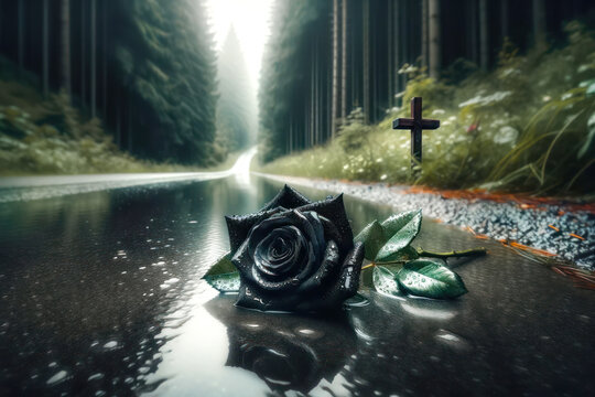 Black rose with cross on the roadside as a symbol of mourning for the death of people and animals in road accidents