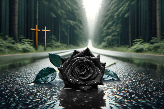Black rose with 2 crosses on the roadside as a symbol of mourning for the death of people and animals in road accidents