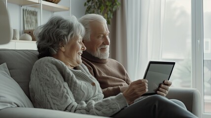 a senior couple as they happily engage with a tablet computer while seated on a cozy sofa in their sunlit living room, radiating warmth and companionship.