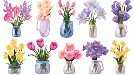 Bouquet of flowers set. Tulips buds narcissus lilac