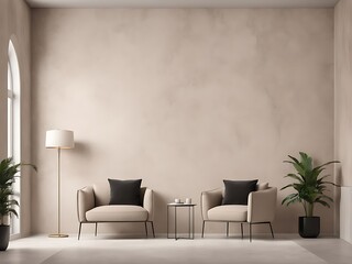 Meeting room or reception living hall. Large beige taupe lounge home, office. Empty wall in the texture of plaster wallpaper or ivory microcement or silk stucco background. Mockup interior. 3d render - obrazy, fototapety, plakaty