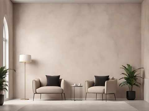 Meeting room or reception living hall. Large beige taupe lounge home, office. Empty wall in the texture of plaster wallpaper or ivory microcement or silk stucco background. Mockup interior. 3d render