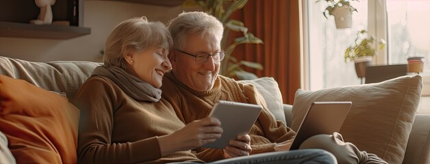 a senior couple as they happily engage with a tablet computer while seated on a cozy sofa in their sunlit living room, radiating warmth and companionship.