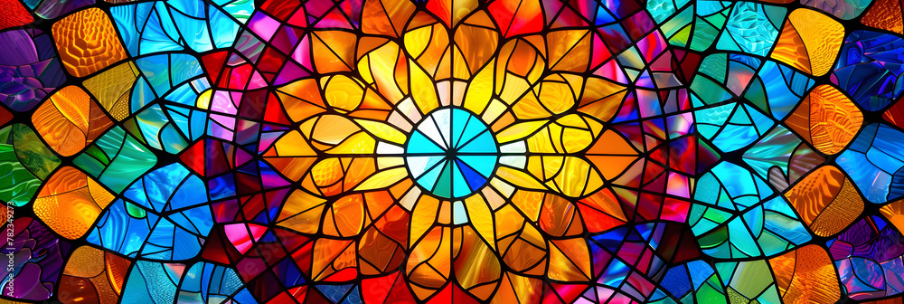 Poster mandala background with stained glass effect and primary colors. kaleidoscope art lovers and artisti