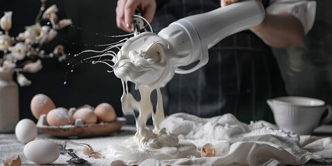The chef prepares wiped cream milk using a hand held a electronic mixer delicious breakfast or lunch, - obrazy, fototapety, plakaty