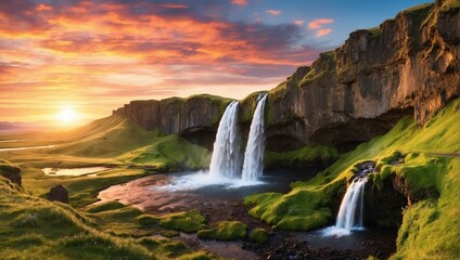 Fototapeta na wymiar waterfall at sunset