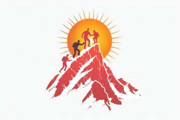 Hand drawn logo of people helping each other to reach the top, mountain peak with sun rays behind them white background warm colors, red and orange tones Generative AI