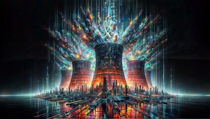 Neon Cooling Towers: Sparks Flying in Reflective Dark City - obrazy, fototapety, plakaty
