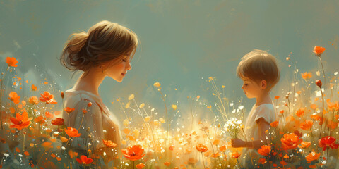 Love between mother and child, emotion and support, family concept, boy and mum on a meadow with flowers - 782350693