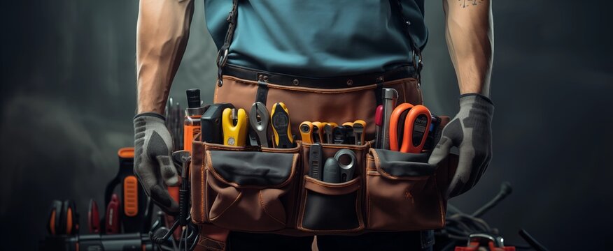 An American male worker stands slightly sideways, with tools hanging on his waist