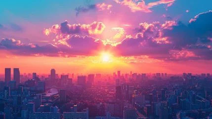 Rolgordijnen sunset on the city with vaporwave tone color, suitable for wallpaper, posters. Generative AI © wellyans