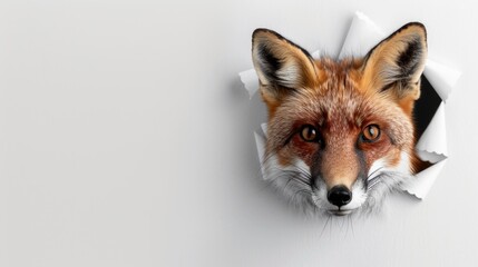 Fototapeta premium a red fox peeking through a hole in a pastel pink paper wall with ample copy space, positioned on either the right or left side for a unique banner design.