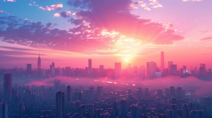 Obraz premium sunset on the city with vaporwave tone color, suitable for wallpaper, posters. Generative AI