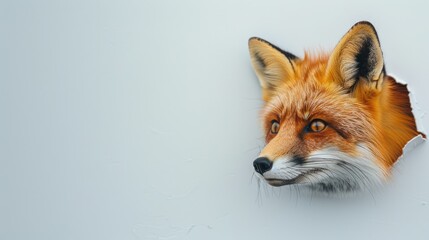 a red fox peeking through a hole in a pastel pink paper wall with ample copy space, positioned on either the right or left side for a unique banner design.