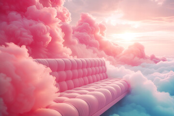 Sofa loaded with fluffy pastel clouds flying in the sky, dreams and positive thinking, imagination and inspiration, dreamlike couch, fairy tale - 782351437