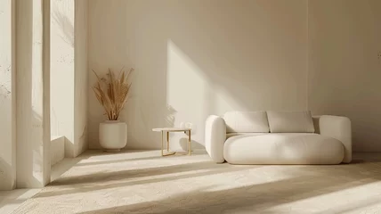Foto op Aluminium a minimalistic white sofa with a side table and light-colored carpet in a naturally lit room © lililia