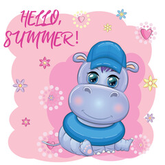 Hippopotamus cartoon character, wild animal in swimming ring, hat, summer is coming, hula dancer. Character with bright eyes