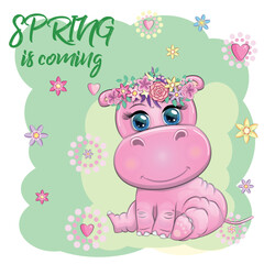Hippopotamus cartoon character, wild animal wearing a wreath, spring is coming. Character with bright eyes