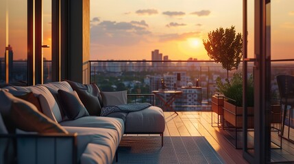 Urban City Condominium Interior Design: Living Room and Balcony Terrace with Sunset Background
