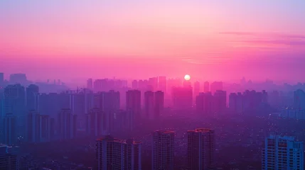 Fototapeten sunset on the city with vaporwave tone color, suitable for wallpaper, posters. Generative AI © wellyans