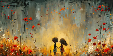 Happy children holding hands, love, emotion and friendship, happiness in childhood, kids playing on a meadow- 782351887