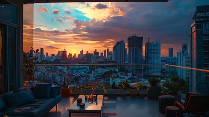 Urban City Condominium Interior Design: Living Room and Balcony Terrace with Sunset Background