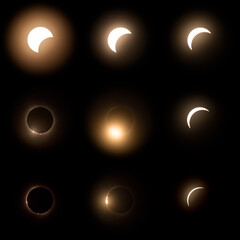 Composite of 9 images of the solar eclipse in 2024 from start through total eclipse. Beginning of the uncovering of the sun with the Baily's Beads
