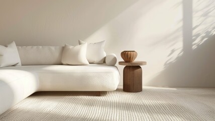 a minimalistic white sofa with a side table and light-colored carpet in a naturally lit room - obrazy, fototapety, plakaty
