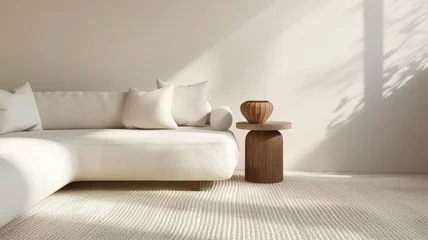 Foto op Plexiglas a minimalistic white sofa with a side table and light-colored carpet in a naturally lit room © lililia