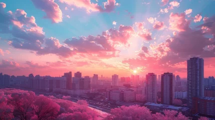 Zelfklevend Fotobehang sunset on the city with vaporwave tone color, suitable for wallpaper, posters. Generative AI © wellyans