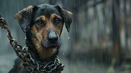 cachorro preso a correntes triste no abandono da chuva 