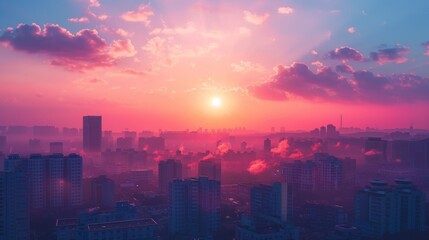 sunset on the city with vaporwave tone color, suitable for wallpaper, posters. Generative AI