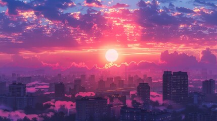 Fototapeta premium sunset on the city with vaporwave tone color, suitable for wallpaper, posters. Generative AI