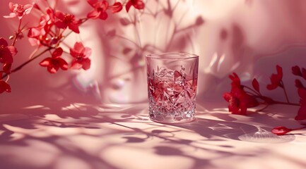 A glass of refreshing cold drink in the shade of flowers - obrazy, fototapety, plakaty
