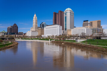 Columbus ohip waterfront view of the downtown financial district from the River Scioto after a flood over the park