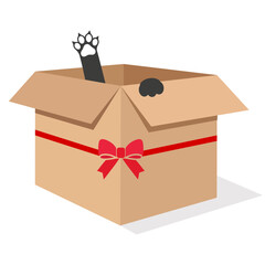 Illustration of a black cat in a gift box with a bow on a white background