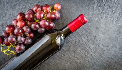 Weinflasche und rote Trauben auf Schiefer, draufsicht 