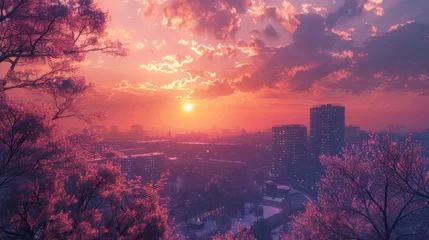 Schilderijen op glas sunset on the city with vaporwave tone color, suitable for wallpaper, posters. Generative AI © wellyans
