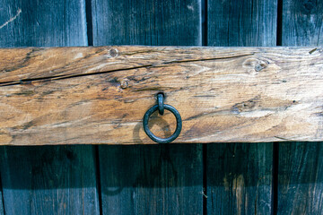 detail of an old wooden plank with an iron circle for a curse. Wood texture, plank, iron circle.