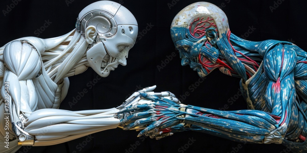 Poster two humanoids are positioned side by side in a harmonious display