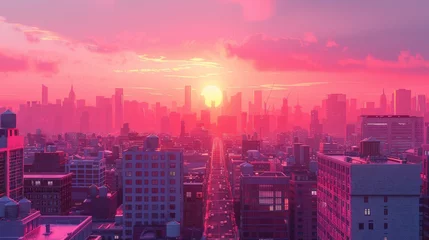 Gordijnen sunset on the city with vaporwave tone color, suitable for wallpaper, posters. Generative AI © wellyans